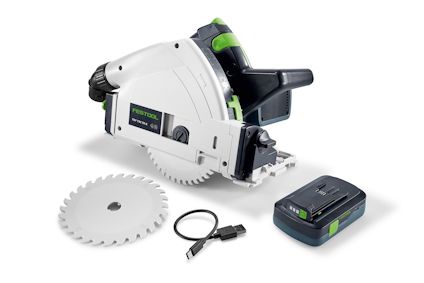 Såg med blad, laddare och kabel. Vitt och svart med gröna detaljer. Märkt "FESTOOL".