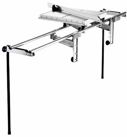 Justerbart bord med metallben och utsträckbara stödarmar, lämpligt för montering på arbetsbord eller maskin.