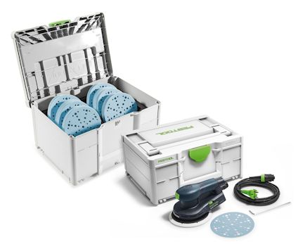 Excenterslip, slippapper och förvaringslåda med Festool-logotyp.