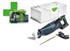 Batteridriven tigersåg med tillhörande batteri, laddare, sågblad och förvaringslåda.