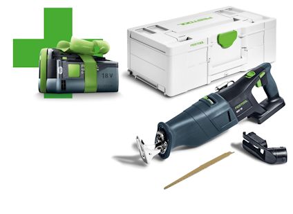Batteridriven tigersåg med tillhörande batteri, laddare, sågblad och förvaringslåda.