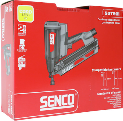 Förpackning för Senco SGT90i, batteridriven gasdriven spikpistol, kompatibla fästdon storlekar anges.