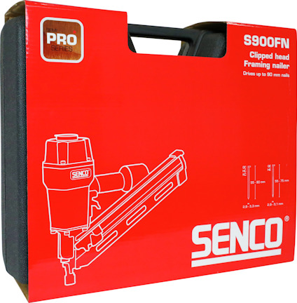 Röd verktygslåda med vit text "Senco S900FN Clipped head Framing nailer."