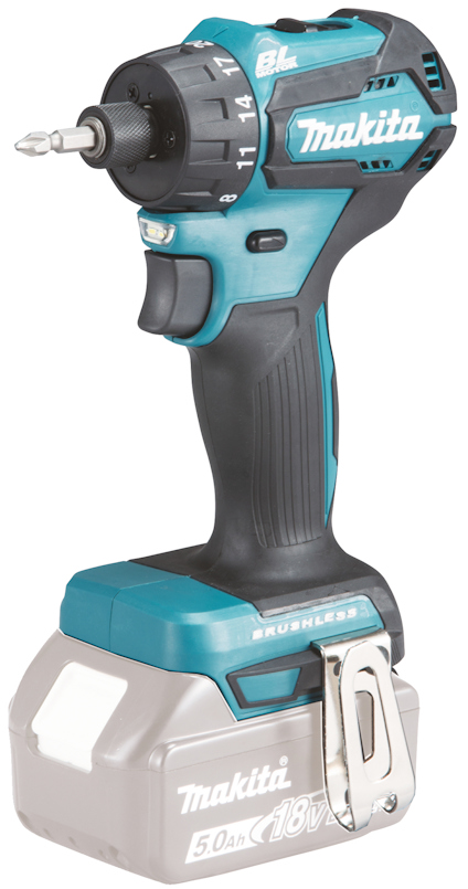 Sladdlös blå och svart Makita borrmaskin med batteri och bältesklämma.