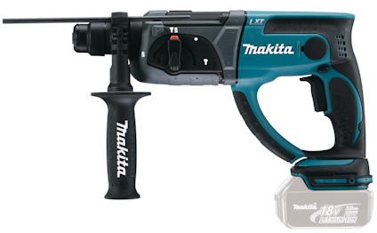 Batteridriven kombihammare från Makita i blått och svart, med ett handtag och batteri.
