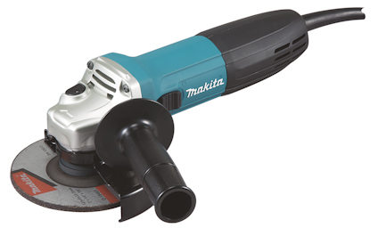 Vinkelslip med blått handtag, svart stödhandtag och slipblad. Märke: Makita.
