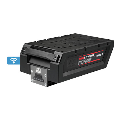 Svart och grått batteri med texten "MX FUEL REDLITHIUM FORGE HD12.0". WiFi-symbol bredvid.