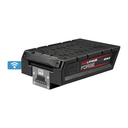 Svart batteri med text "MX FUEL REDLITHIUM FORGE XC6.0" och en wifi-symbol intill.