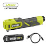 Grön och svart Volympump Mini Kit med batteridriven design från Ryobi, USB Lithium-batteri och laddningskabel.