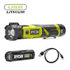 Ficklampa och USB-laddkabel. Märkt "RYOBI" och "USB LITHIUM".