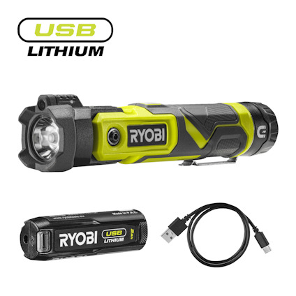 Ficklampa och USB-laddkabel. Märkt "RYOBI" och "USB LITHIUM".