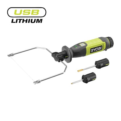 Grön och svart batteridriven varmskärare av märket RYOBI med USB Lithium-text, avtagbara blad och två olika huvuden.