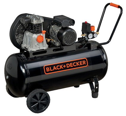 Svart Black+Decker kompressor med två hjul, handtag och tryckmätare.