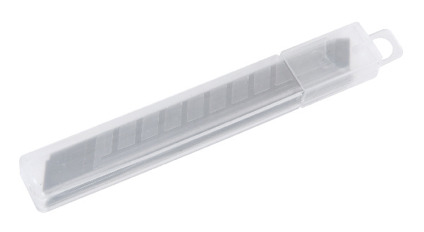 En genomskinlig plastbehållare med flera svarta, utdragbara blad staplade inuti.