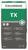 Förpackning av golvavjämningsmassa SCHÖNOX TX, 20 kg, med grön och grå design samt text på flera språk.