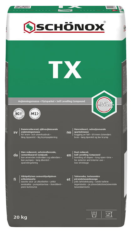 Förpackning av golvavjämningsmassa SCHÖNOX TX, 20 kg, med grön och grå design samt text på flera språk.