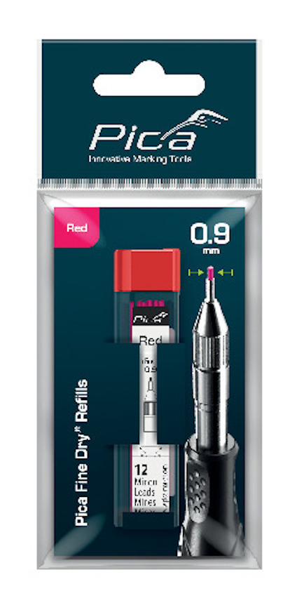Förpackning med röda reservstift, märkt "Pica Fine Dry Refills", bredvid en märkpenna.