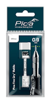 Förpackning med reservstift och hållare för märkpenna, märkt med "Pica Fine Dry Refills" och "White 0.9 mm".