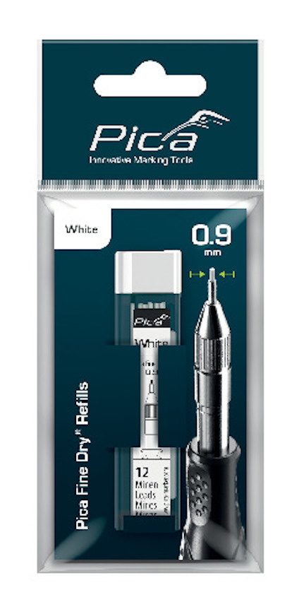 Förpackning med reservstift och hållare för märkpenna, märkt med "Pica Fine Dry Refills" och "White 0.9 mm".