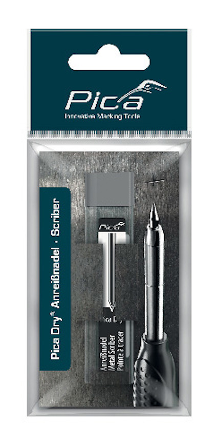 Förpackning med Pica Dry ritnål och märkpenna, märkt "Pica Dry®" och "Innovative Marking Tools".