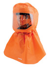 Orange skyddshuva med genomskinligt visir, visar en del av huvudet hos en mannekäng inuti.