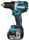 Borrskruvdragare Makita 18V med svart och turkos design, metallclips och borrläge-inställningar.