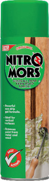 Grön sprayflaska med texten "Nitromors Original" och beskrivning av färgborttagningsfunktioner.