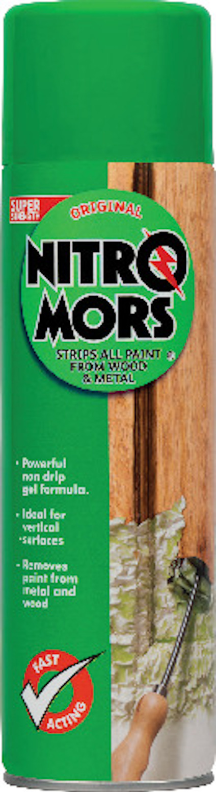 Grön sprayflaska med texten "Nitromors Original" och beskrivning av färgborttagningsfunktioner.