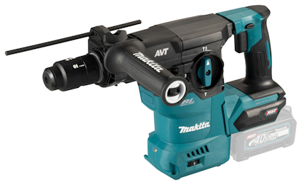 Batteridriven kombihammare i blå och svart färg med sidhandtag och batterifäste, märkt med "Makita".