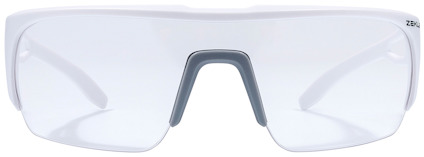 Skyddsglasögon med vitt båge och transparenta linser, bred näsbrygga och grå detaljer.