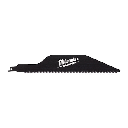 Svart tigersågblad med texten "Milwaukee" i vitt, visad i profil med en rad tänder på ena sidan.
