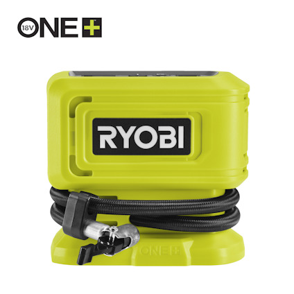 Grön RYOBI miniluftpump med svarta detaljer och slang med munstycke. Logotypen "ONE+ 18V" syns i hörnet.