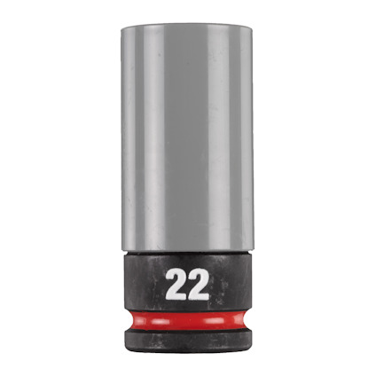 Grå krafthylsa med svart bas och vit text "22" samt en röd ring runt basen.