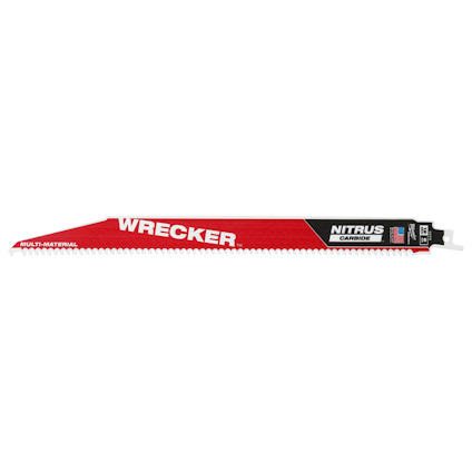 Rött tigersågblad med texten "WRECKER" och "NITRUS CARBIDE" i vitt, samt symboler och flerfärgade detaljer.