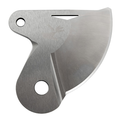 Rund, silverfärgad metalkniv med två monteringshål och skarp egg.