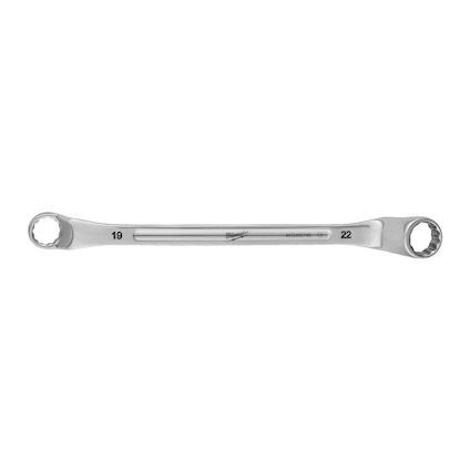 Dubbel ringnyckel av metall med storlekar 19 och 22 mm instansade nära ändarna.