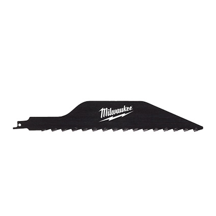 Svart tigersågblad med vita tänder och logotypen "Milwaukee" tryckt i vitt.