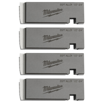 Fyra rektangulära metallbitar med texten "Milwaukee BSPT ALLOY 1/2-3/4" ingraverad.