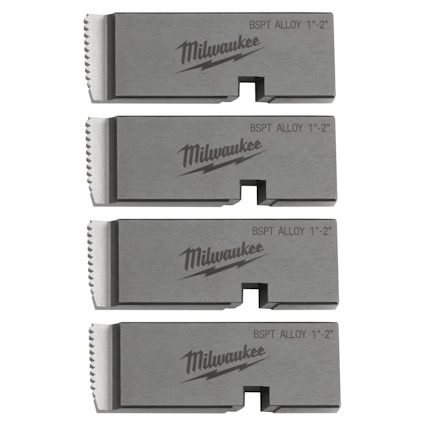 Fyra silverfärgade plattor med märkning "Milwaukee BSPT ALLOY 1''-2''", med tandade kanter.