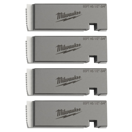 Fyra metalliska gängbackar med texten "Milwaukee BSPT HS 1/2-3/4" i svart.