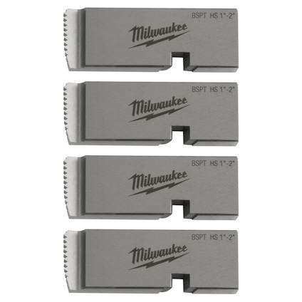 Fyra metallklingor med texten "Milwaukee BSPT HS 1-2" ingraverad på varje klinga.