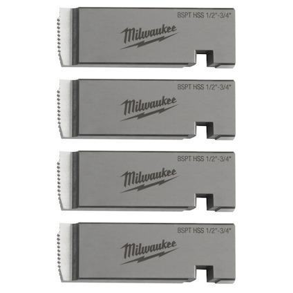 Fyra HSS-gängbackar i metall med texten "Milwaukee BSPT 1/2"-3/4"".