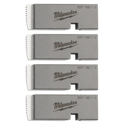 Fyra metallskärverktyg med texten "Milwaukee BSPT HSS 1''-2''" tryckt på varje.