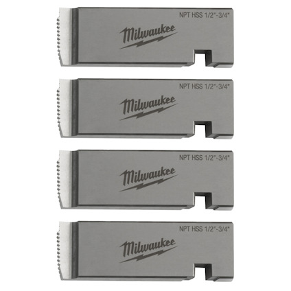Fyra metalliska skärverktyg med texten "NPT HSS 1/2-3/4" och "Milwaukee" ingraverat.