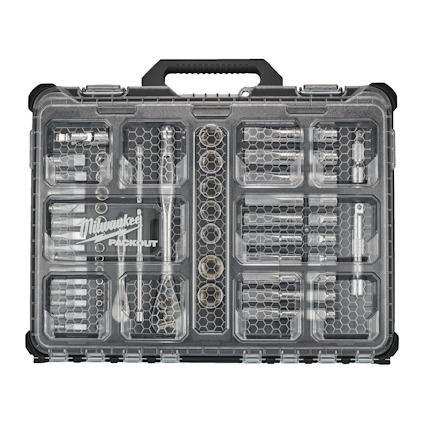 Verktygssats med spärrelement i plastlåda med transparent lock och texten "Milwaukee PACKOUT".