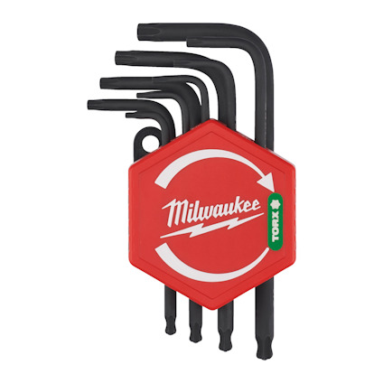 Sexkantiga Torx-nycklar i olika storlekar med ett rött och vitt Milwaukee-fodral.