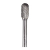 Hårdmetallfil med cylindrisk huvudform och spiralräfflor, fastsatt på ett metallhandtag.