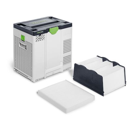 Luftrenare med två filterpatroner och en extra filterinsats på en vit bakgrund.
