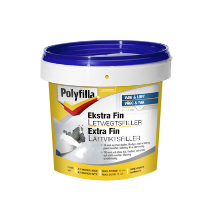 En plastburk med blått lock och etikettmärket Polyfilla, texten "Ekstra Fin Lättviktsfiller" synlig.