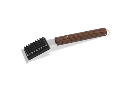 Grill- och stekhällsborste med trähandtag och strå av metall. Borsten har en inbyggd skrapkant.